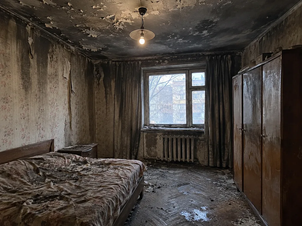 Спальня после задымления из подъезда - до уборки